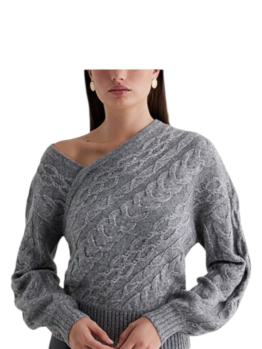 Express Women's Asymmetrical Gray Off-Shoulder Cable Knit Sweater Sz Large NWT